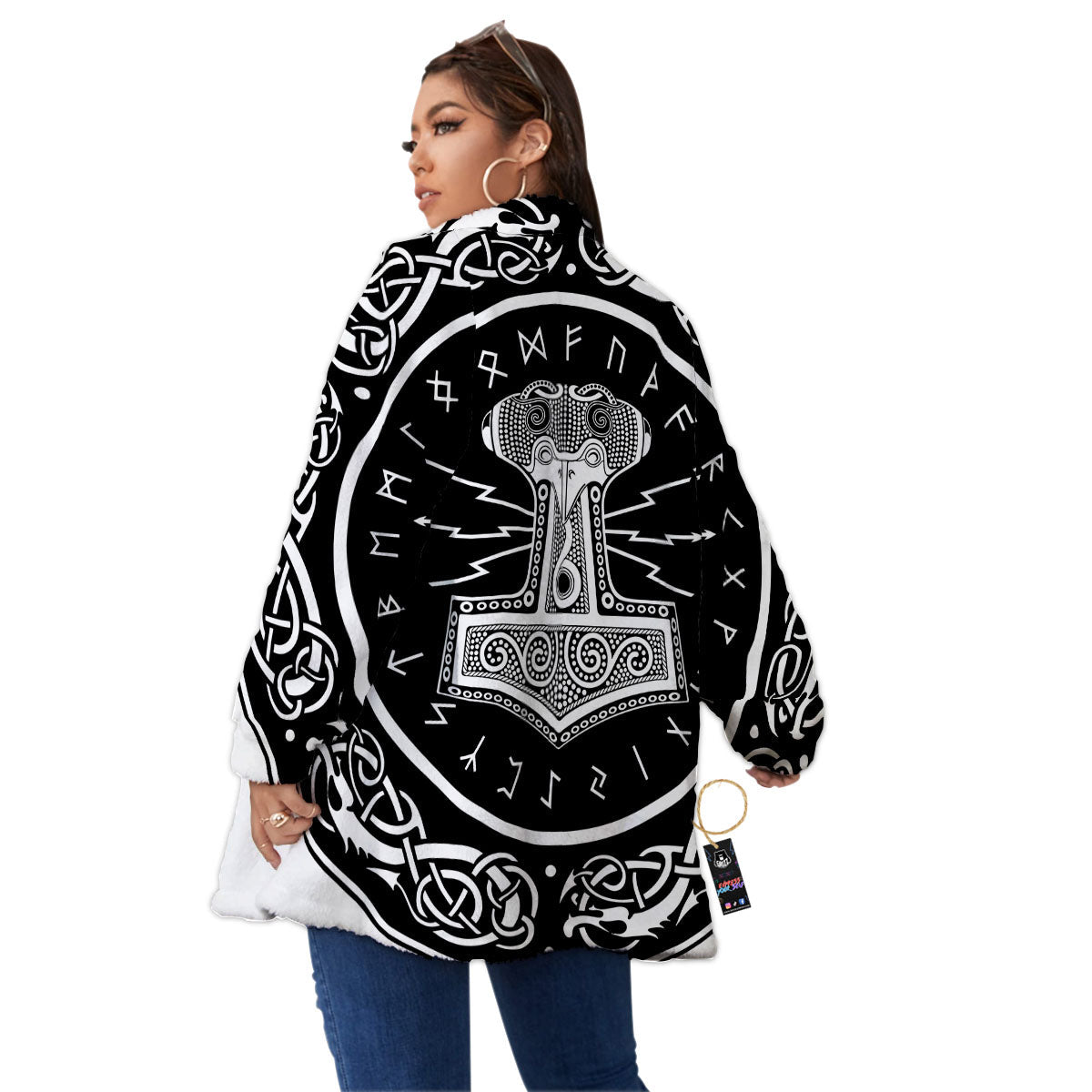 Mjolnir White And Black Print Women's Sherpa Jacket-grizzshop
