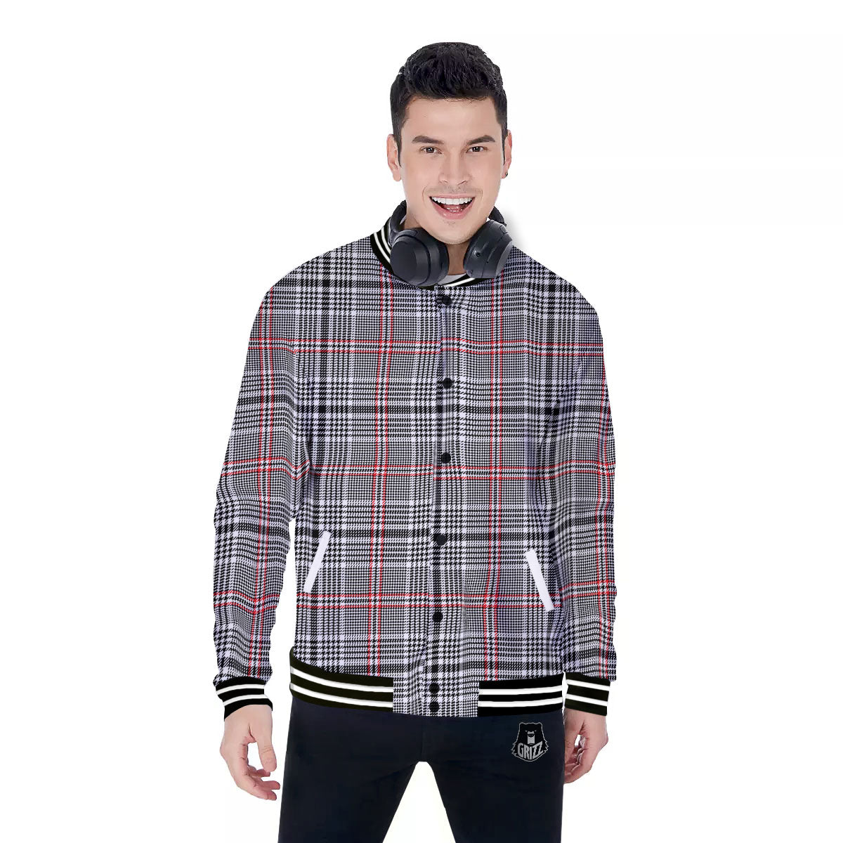 Modern Tartan Plaid White And Black Red Print Baseball Jacket-grizzshop