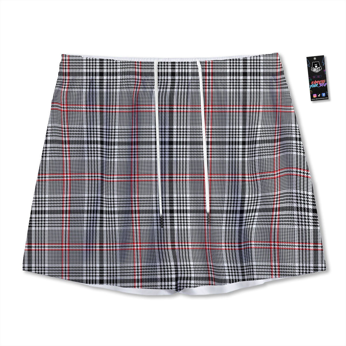 Modern Tartan Plaid White And Black Red Print Mesh Shorts
