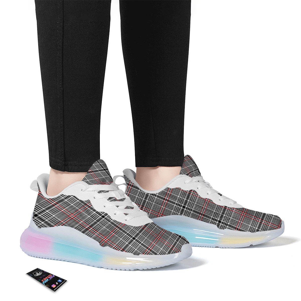 Modern Tartan Plaid White And Black Red Print Running Sneakers-grizzshop