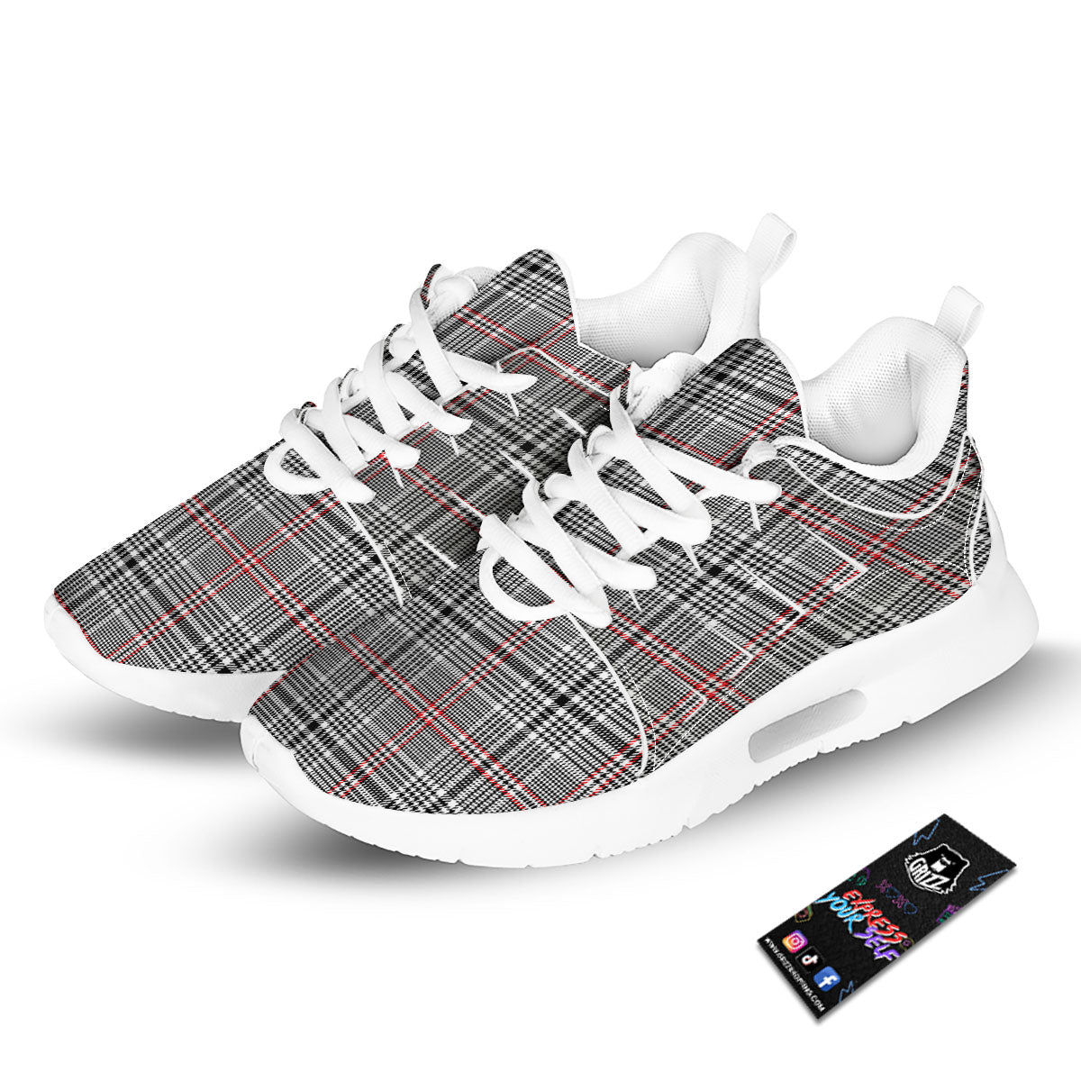 Modern Tartan Plaid White And Black Red Print Tennis Shoes-grizzshop