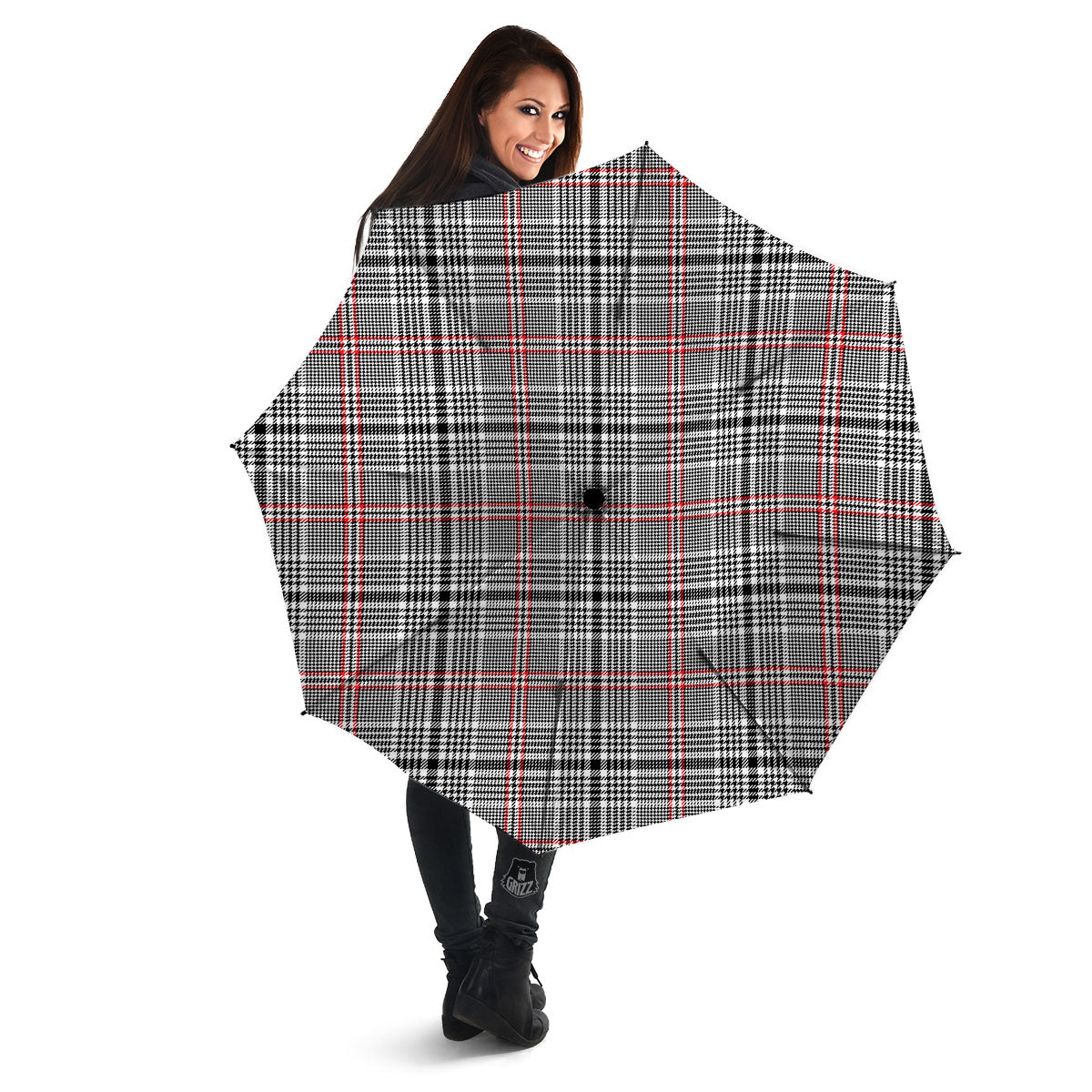 Modern Tartan Plaid White And Black Red Print Umbrella-grizzshop