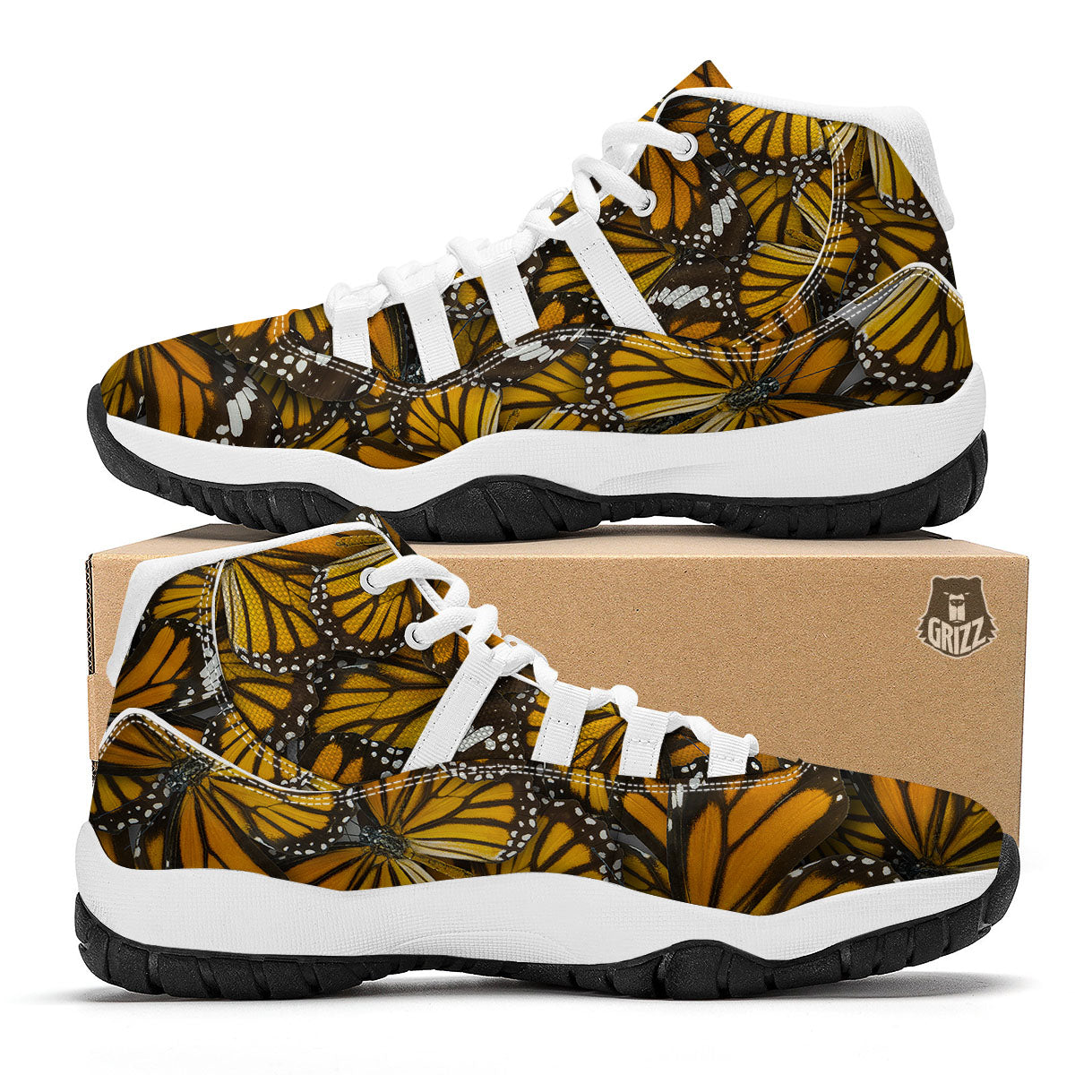 Monarch Butterfly Pattern Print White Bball Shoes-grizzshop