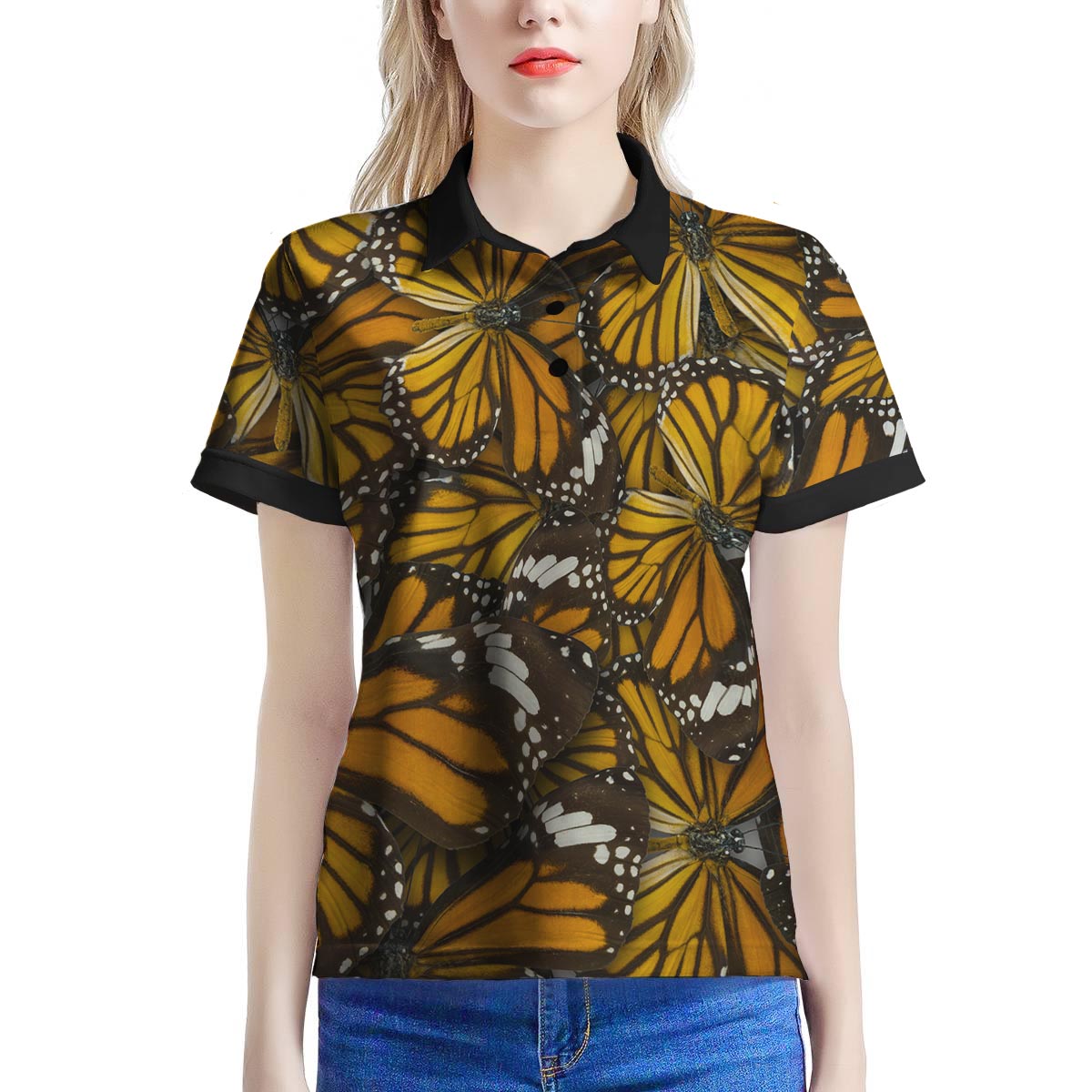 Monarch Butterfly Pattern Print Women's Golf Shirts-grizzshop