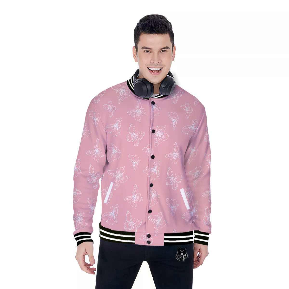 Monarch Butterfly Pink Print Pattern Baseball Jacket-grizzshop