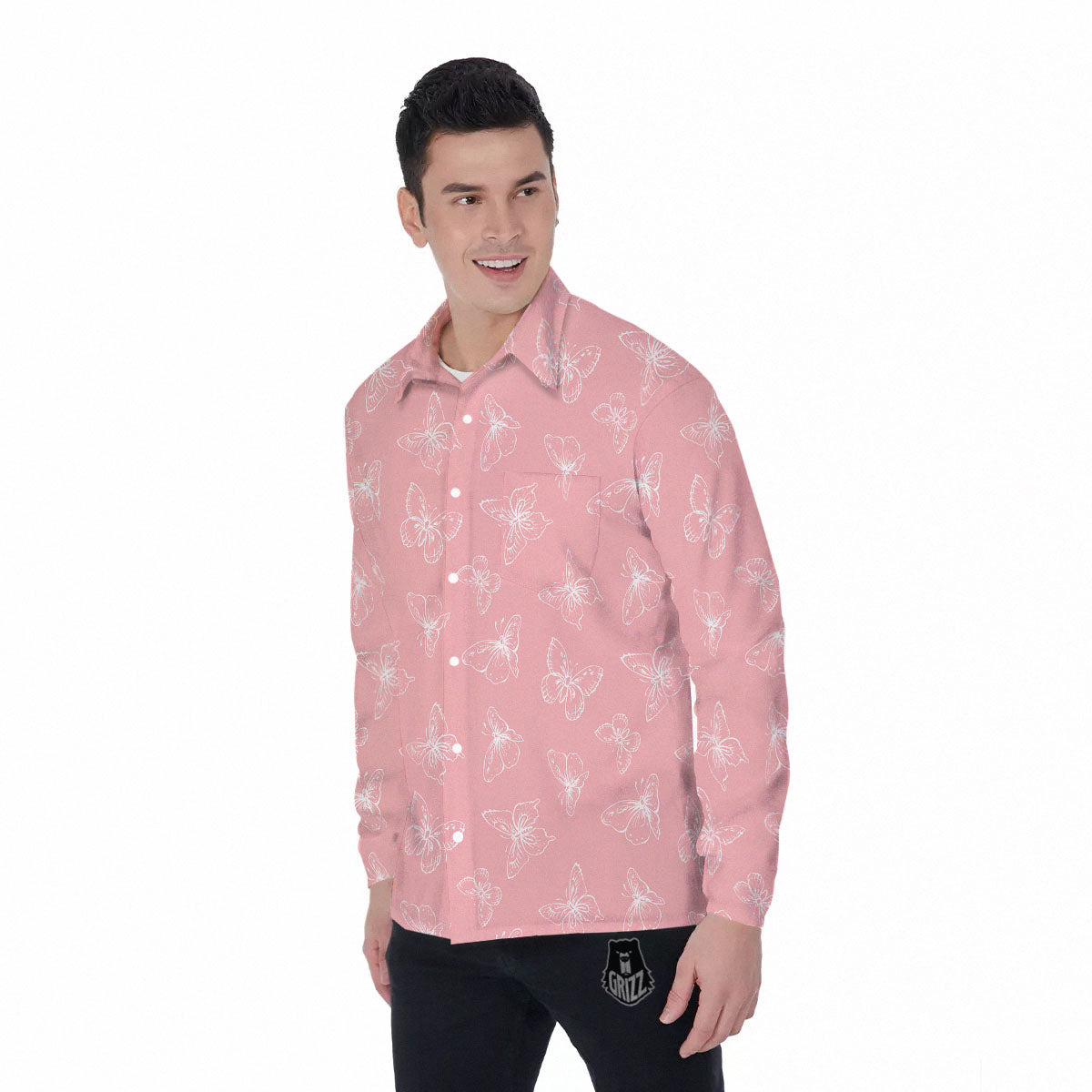 Monarch Butterfly Pink Print Pattern Men's Long Sleeve Shirts-grizzshop