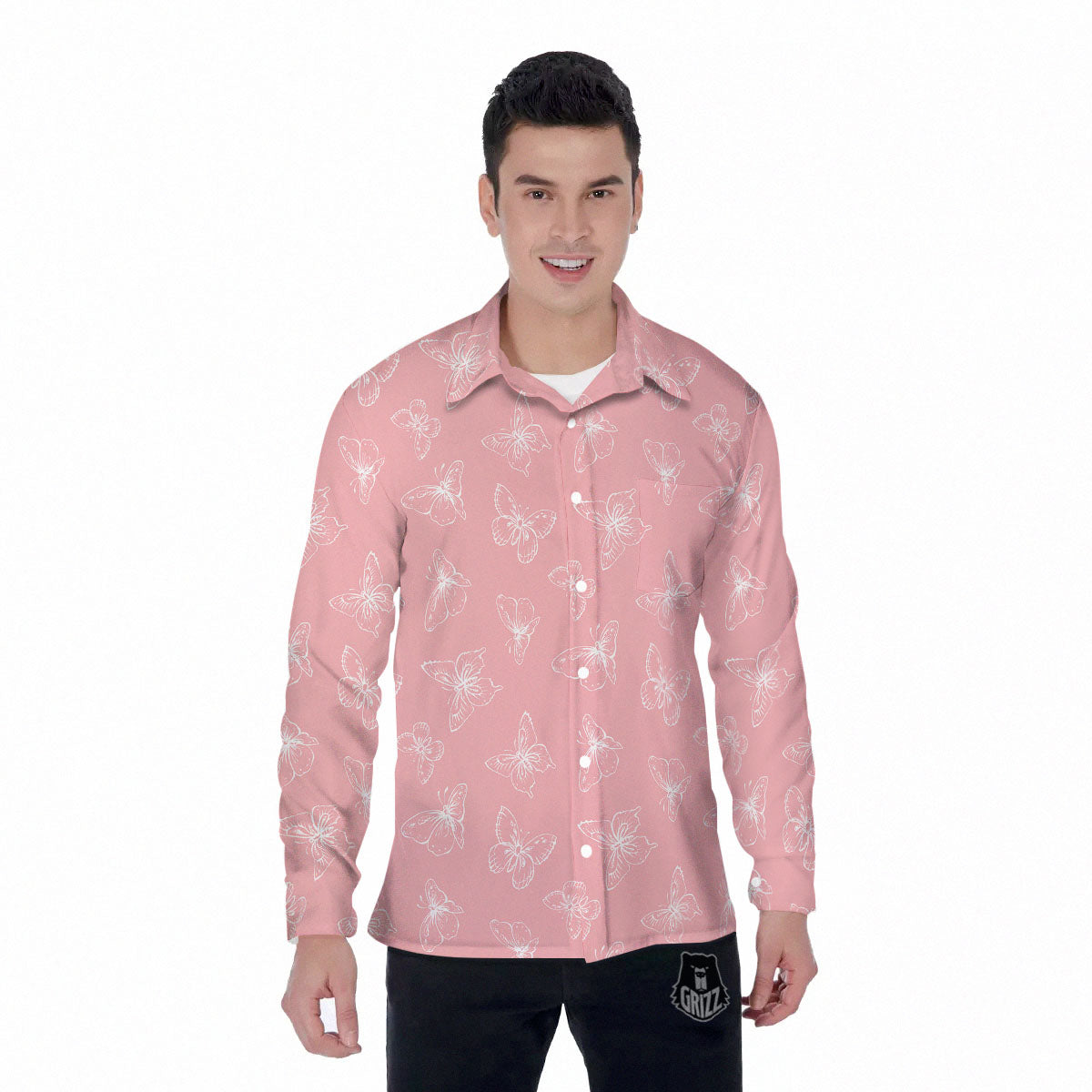 Monarch Butterfly Pink Print Pattern Men's Long Sleeve Shirts-grizzshop