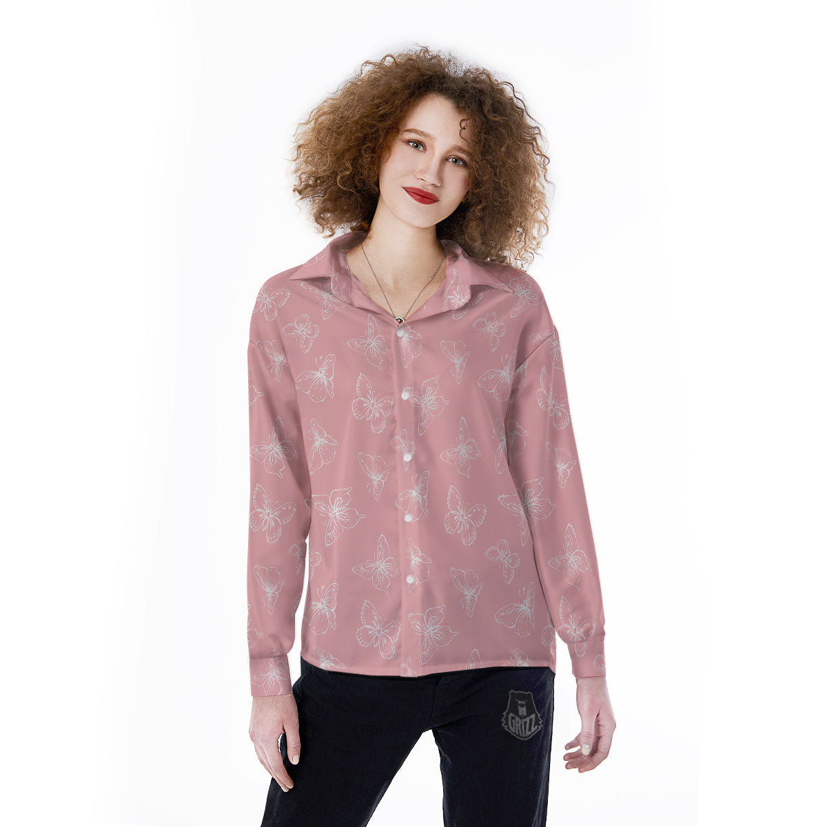 Monarch Butterfly Pink Print Pattern Women's Long Sleeve Shirts-grizzshop