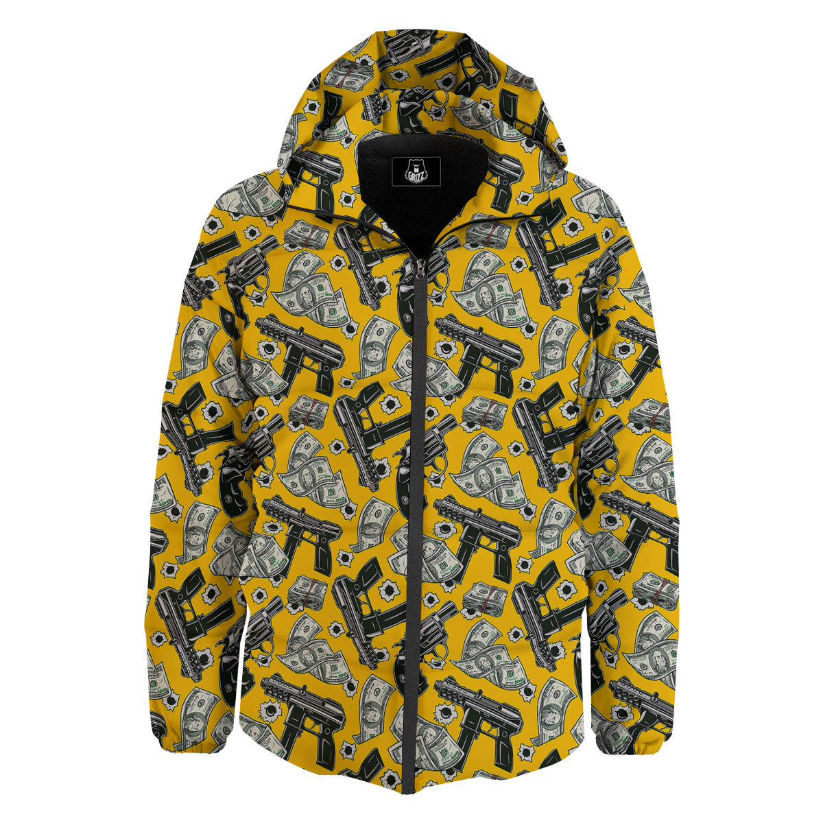 Money And Weapon Vintage Print Pattern Down Jacket-grizzshop