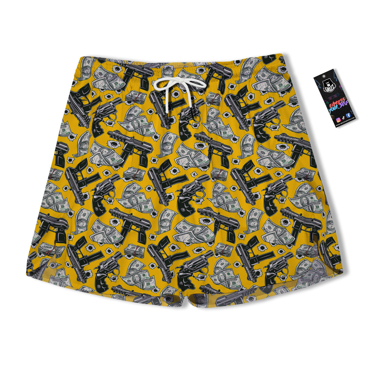 Money And Weapon Vintage Print Pattern Men's Running Shorts-grizzshop