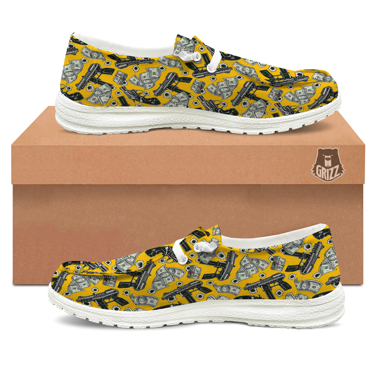 Money And Weapon Vintage Print Pattern White Loafers-grizzshop