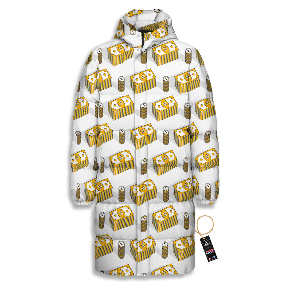 Money Cash Print Pattern Long Down Jacket-grizzshop