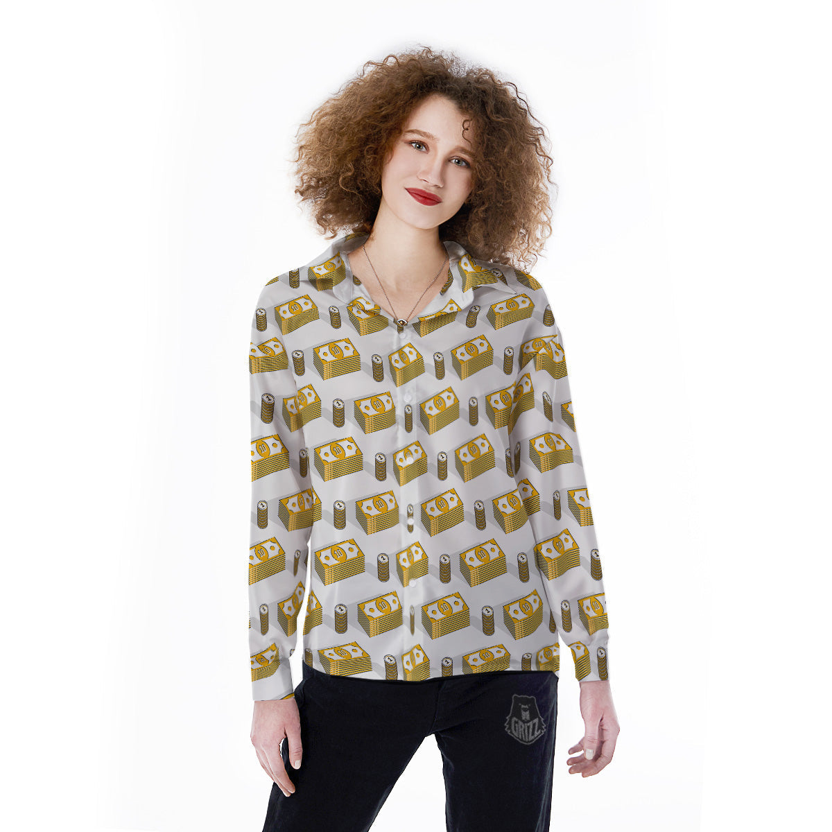 Money Cash Print Pattern Women's Long Sleeve Shirts-grizzshop