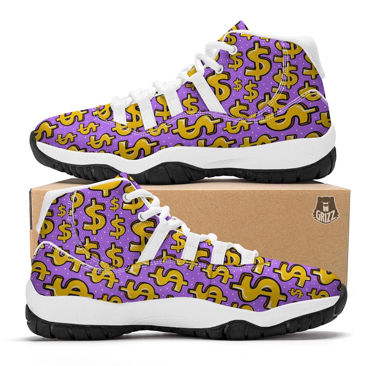 Money Dollar Pattern Print White Bball Shoes-grizzshop