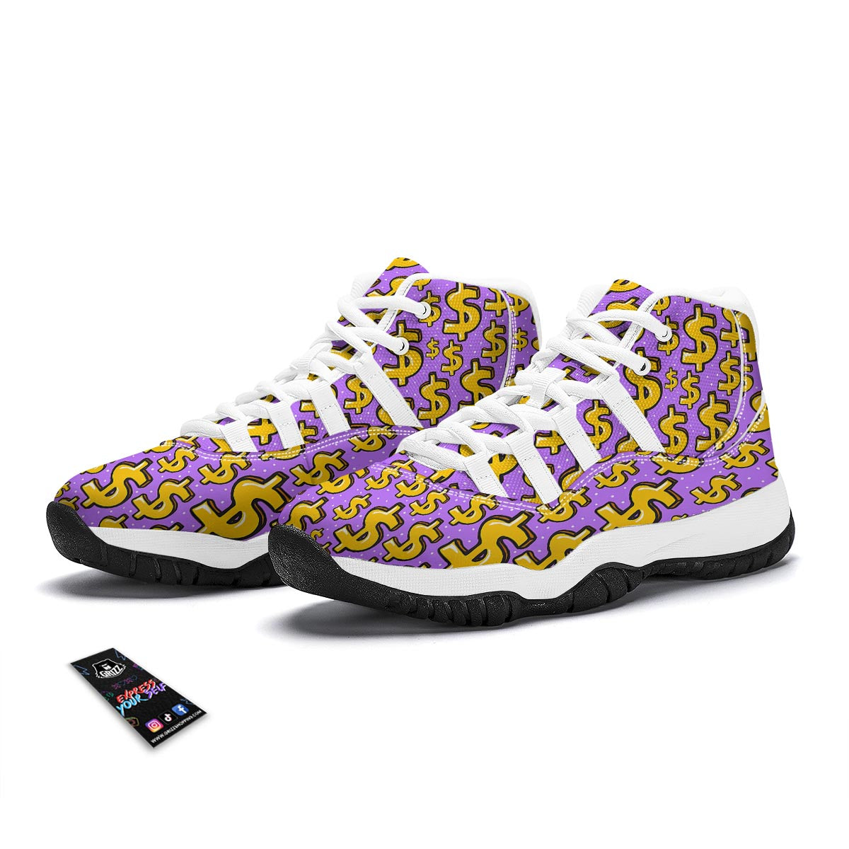 Money Dollar Pattern Print White Bball Shoes-grizzshop