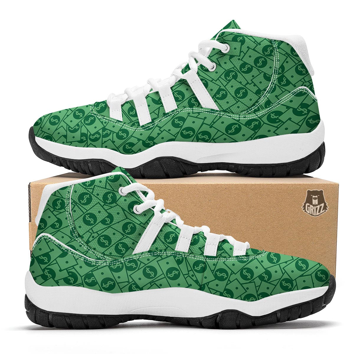 Money Dollar Print Pattern White Bball Shoes-grizzshop