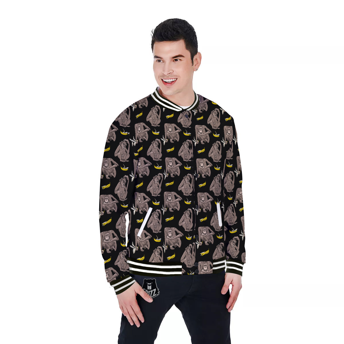 Monkey And Banana Print Pattern Baseball Jacket-grizzshop