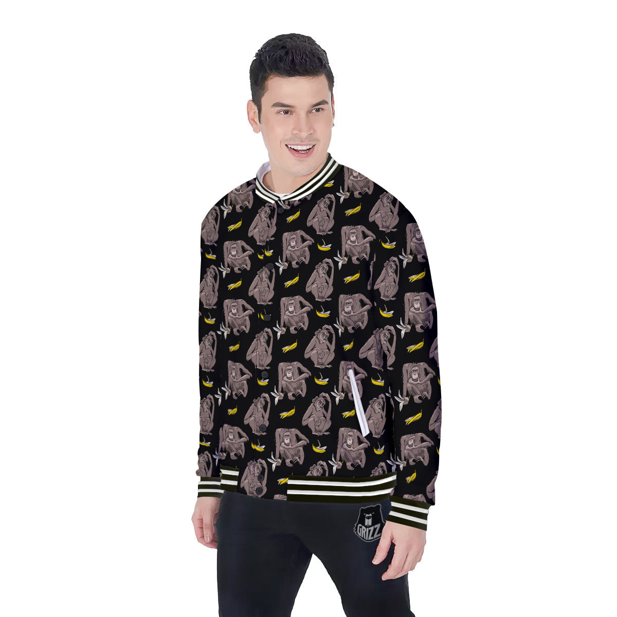 Monkey And Banana Print Pattern Baseball Jacket-grizzshop