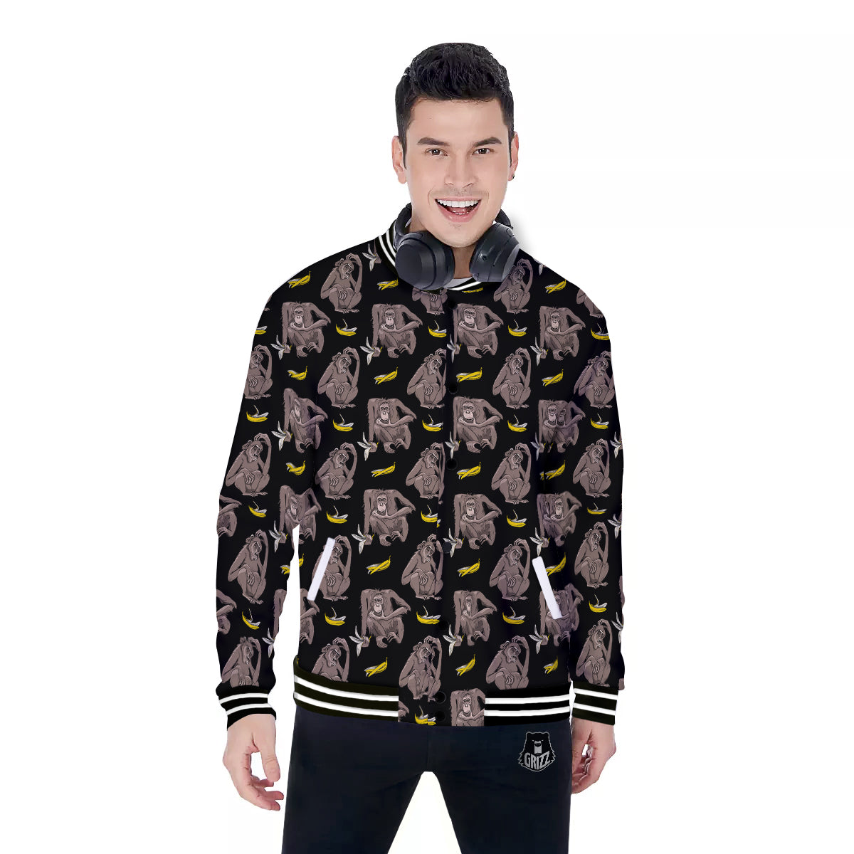 Monkey And Banana Print Pattern Baseball Jacket-grizzshop