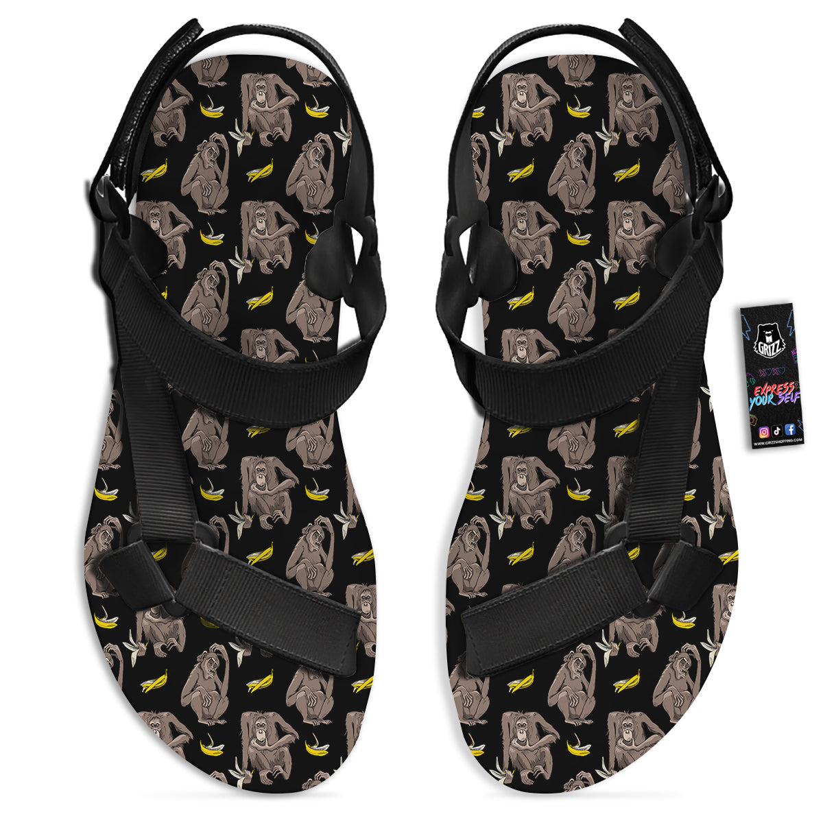 Monkey And Banana Print Pattern Black Open Toe Sandals-grizzshop