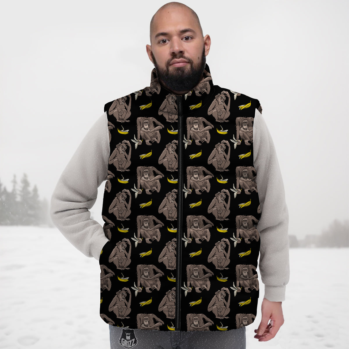 Monkey And Banana Print Pattern Down Vest