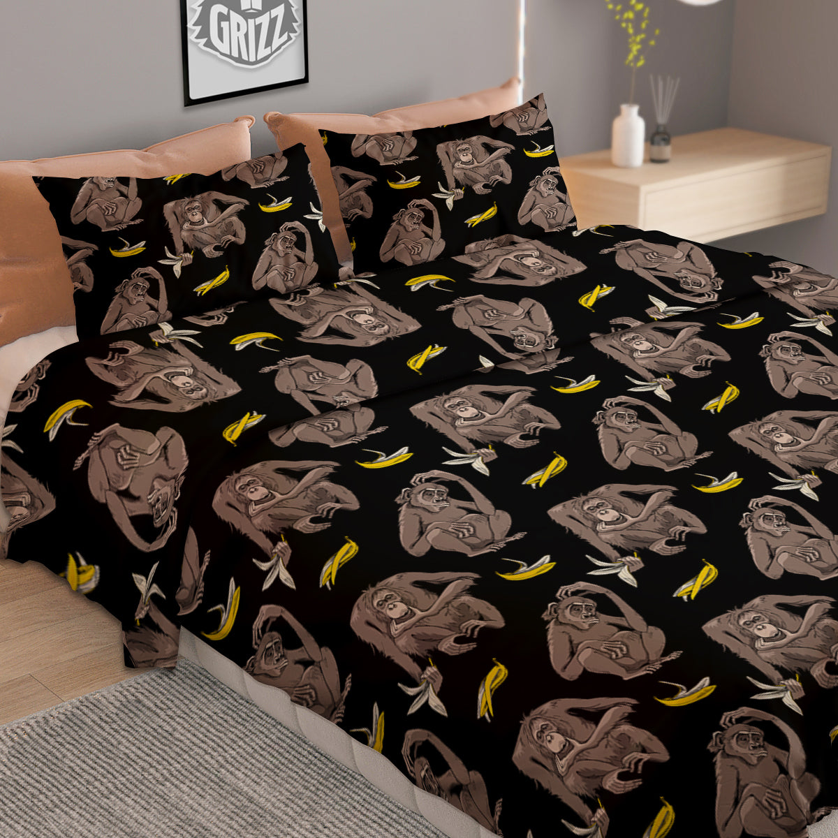 Monkey And Banana Print Pattern Duvet Cover Bedding Set