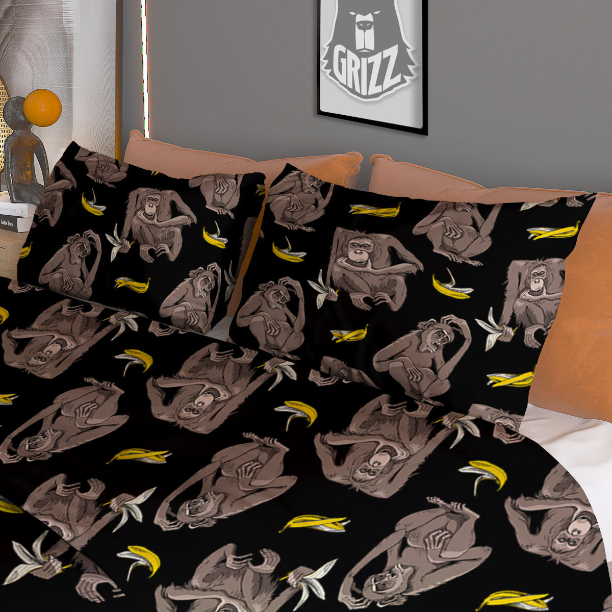 Monkey And Banana Print Pattern Duvet Cover Bedding Set