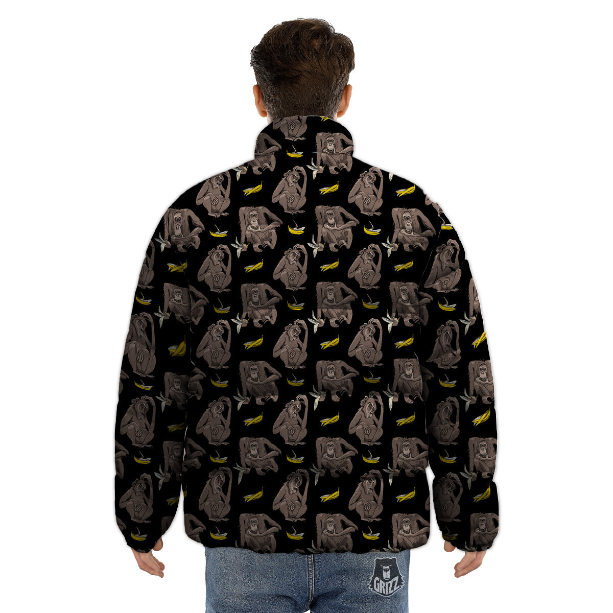 Monkey And Banana Print Pattern Puffer Jacket-grizzshop
