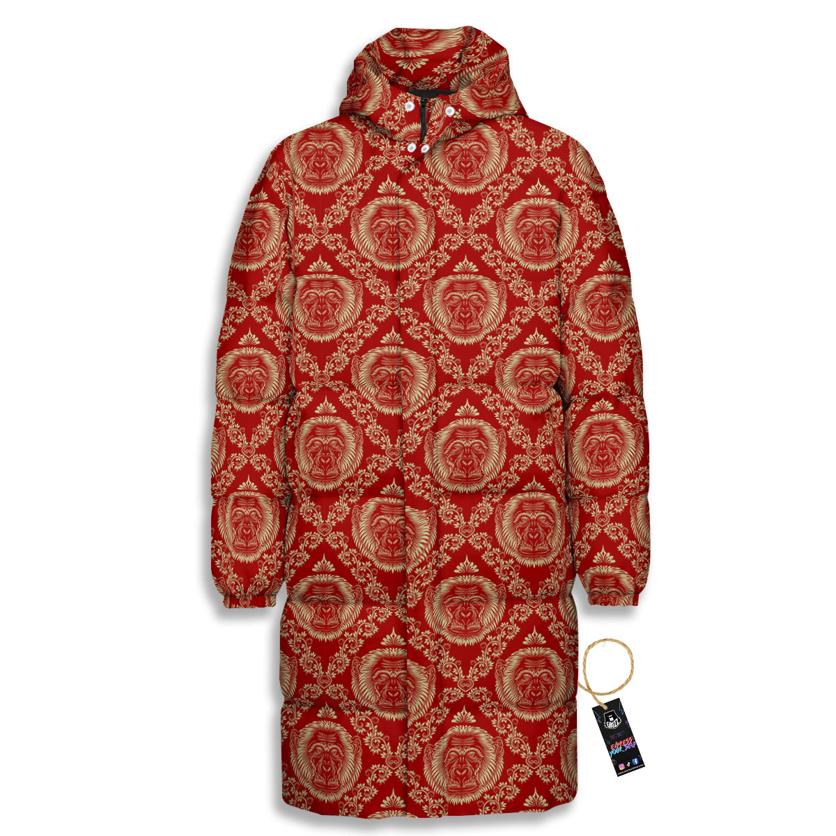 Monkey Head Floral Ornament Print Pattern Long Down Jacket-grizzshop