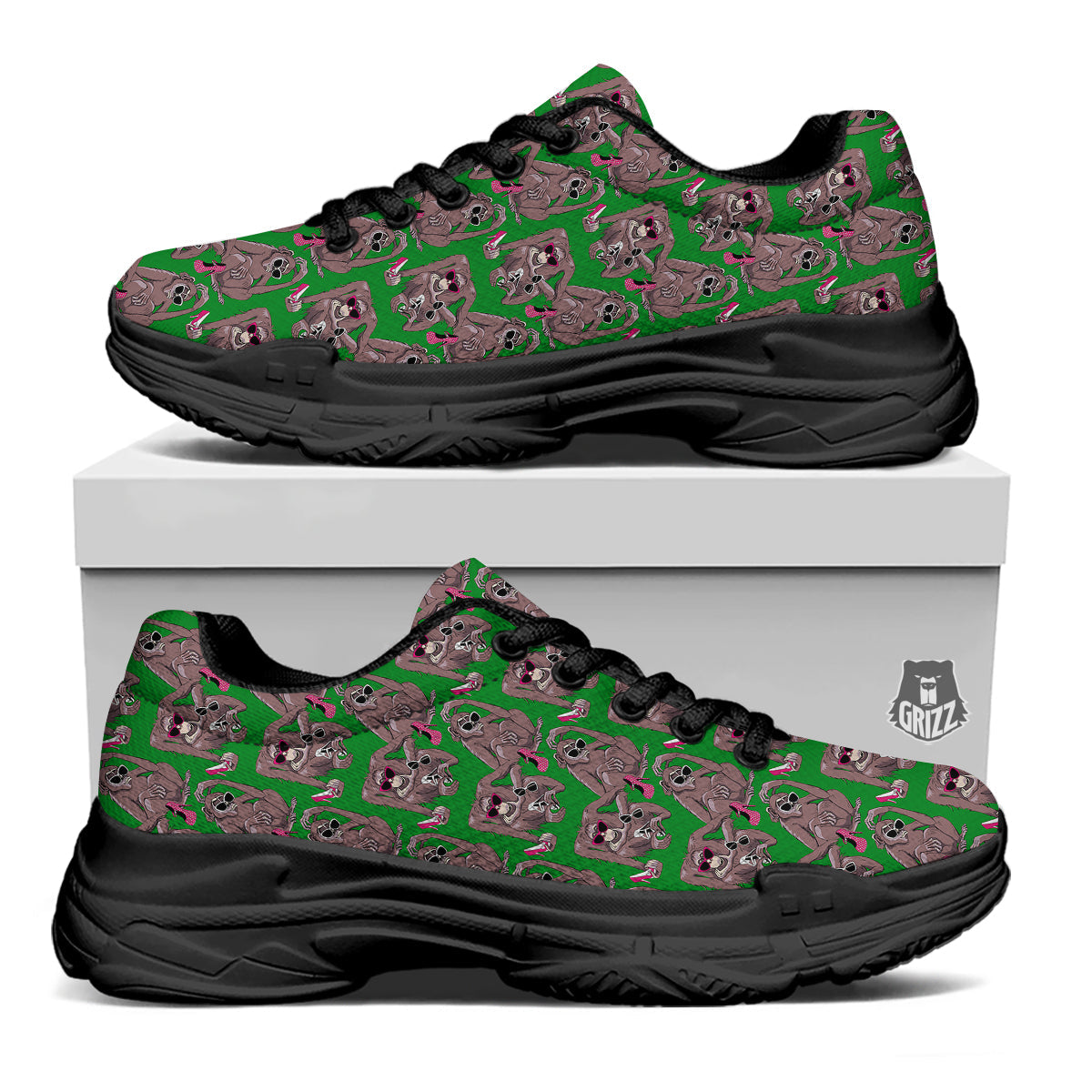 Monkey with the Shoes and Glasses Print Pattern Black Chunky Shoes-grizzshop