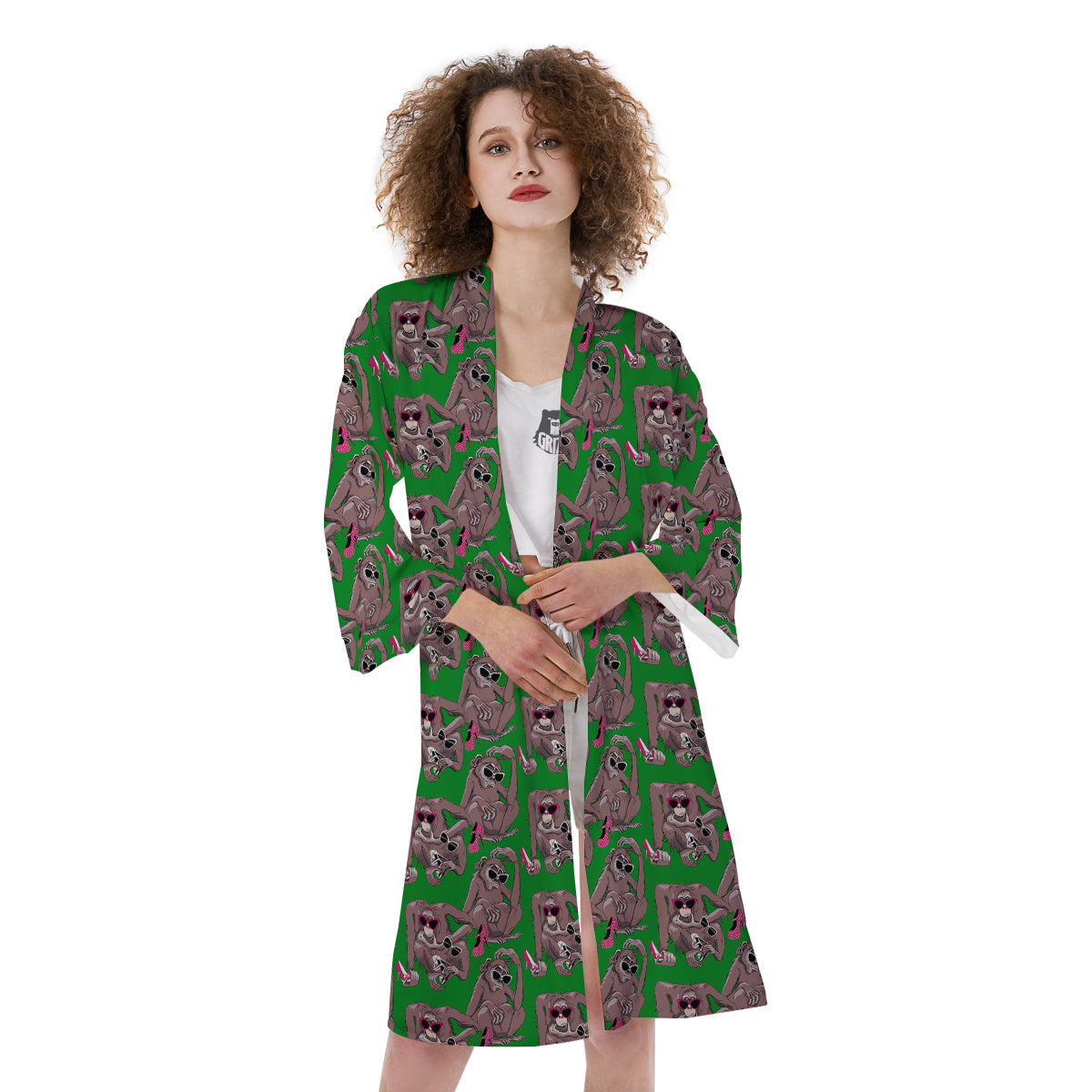 Monkey with the Shoes and Glasses Print Pattern Kimono-grizzshop