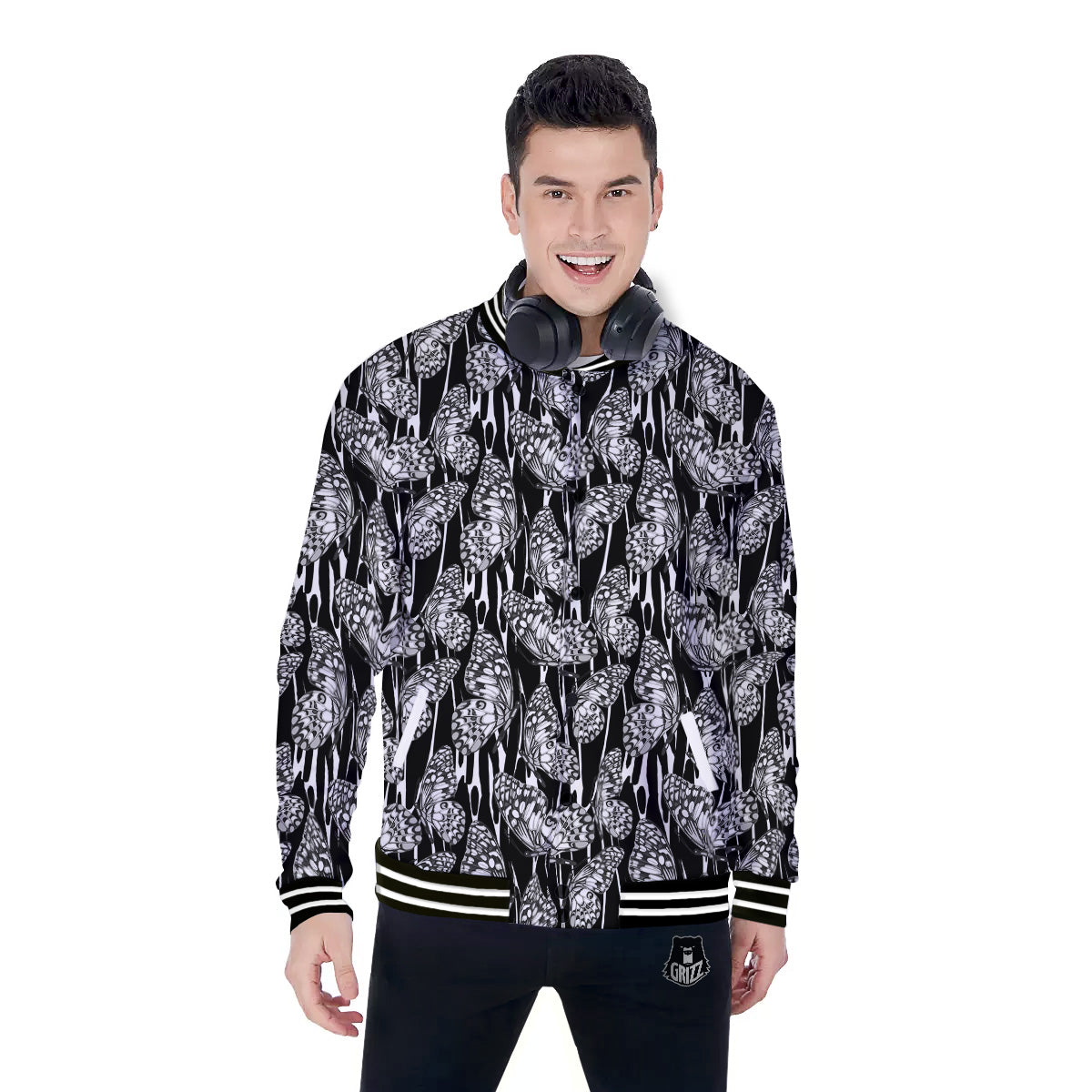 Monochrom Butterfly Print Pattern Baseball Jacket-grizzshop