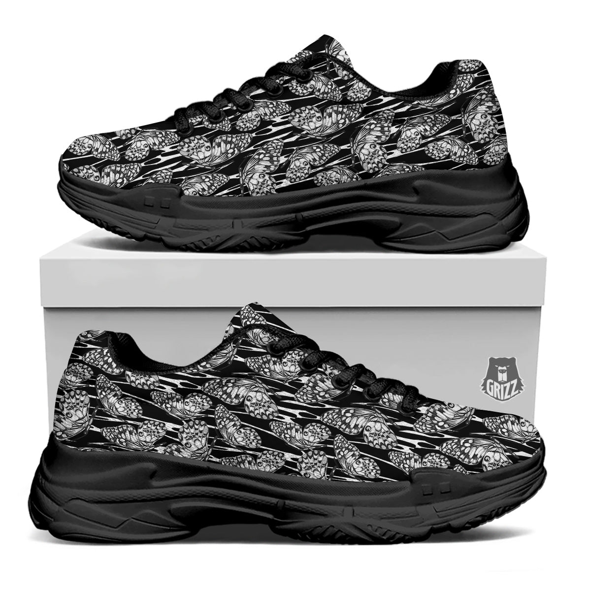 Monochrom Butterfly Print Pattern Black Chunky Shoes-grizzshop