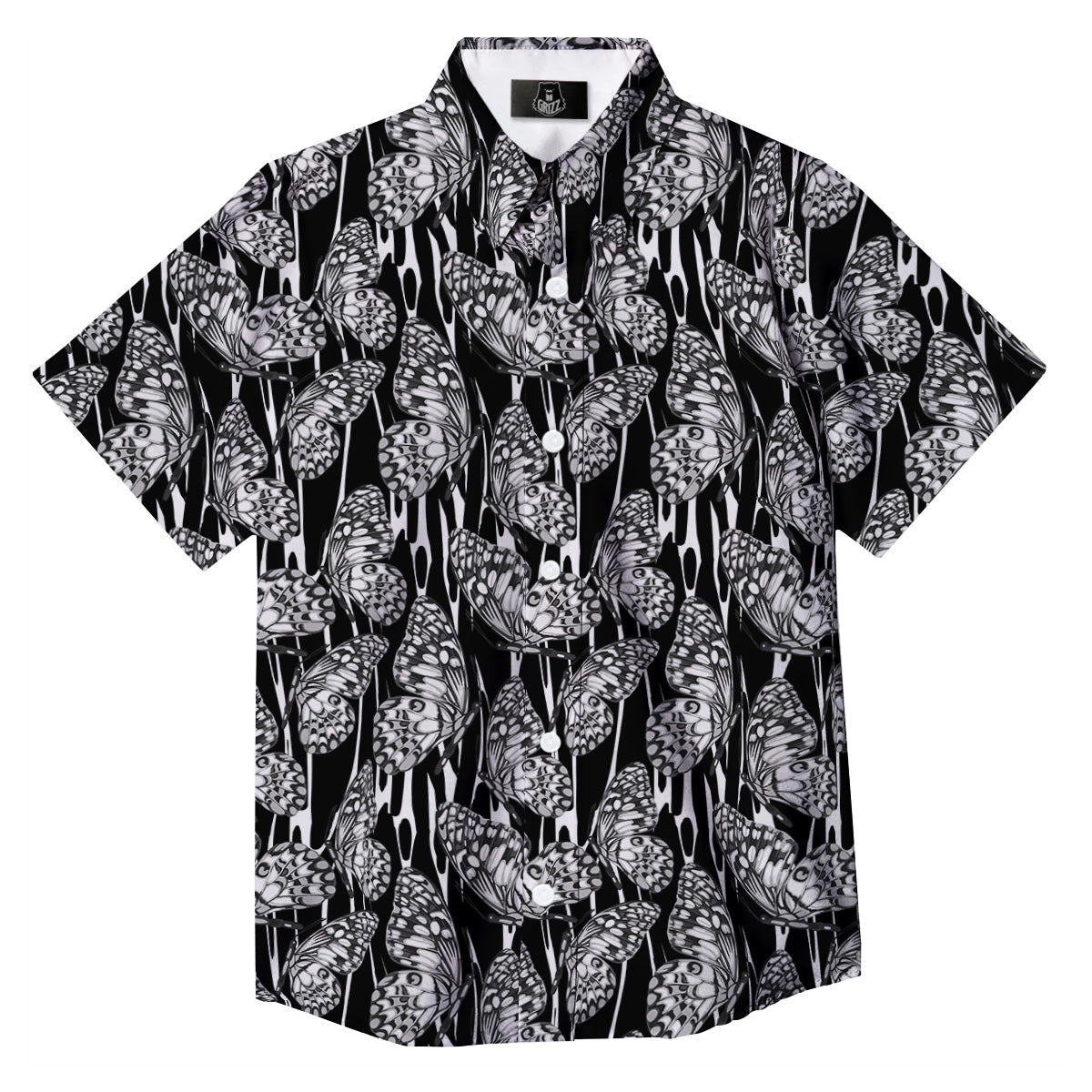 Monochrom Butterfly Print Pattern Button Up Shirt-grizzshop