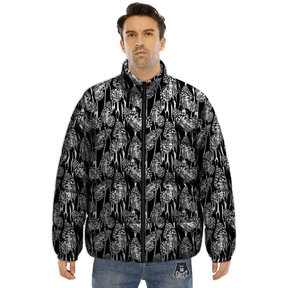 Monochrom Butterfly Print Pattern Puffer Jacket-grizzshop