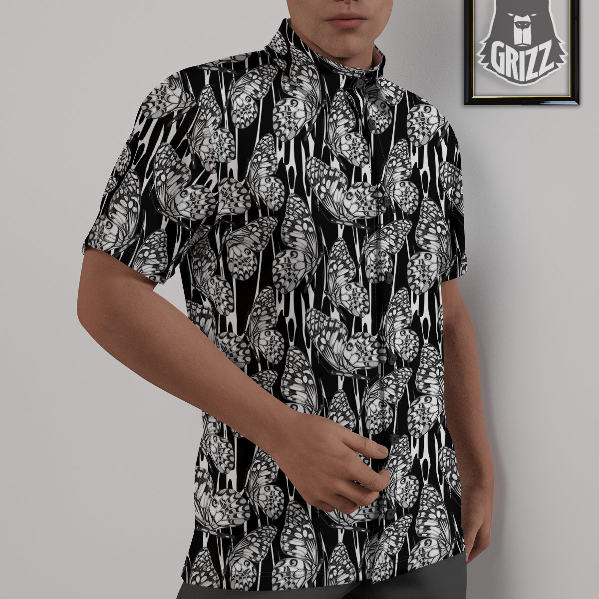 Monochrom Butterfly Print Pattern Untucked Shirts-grizzshop