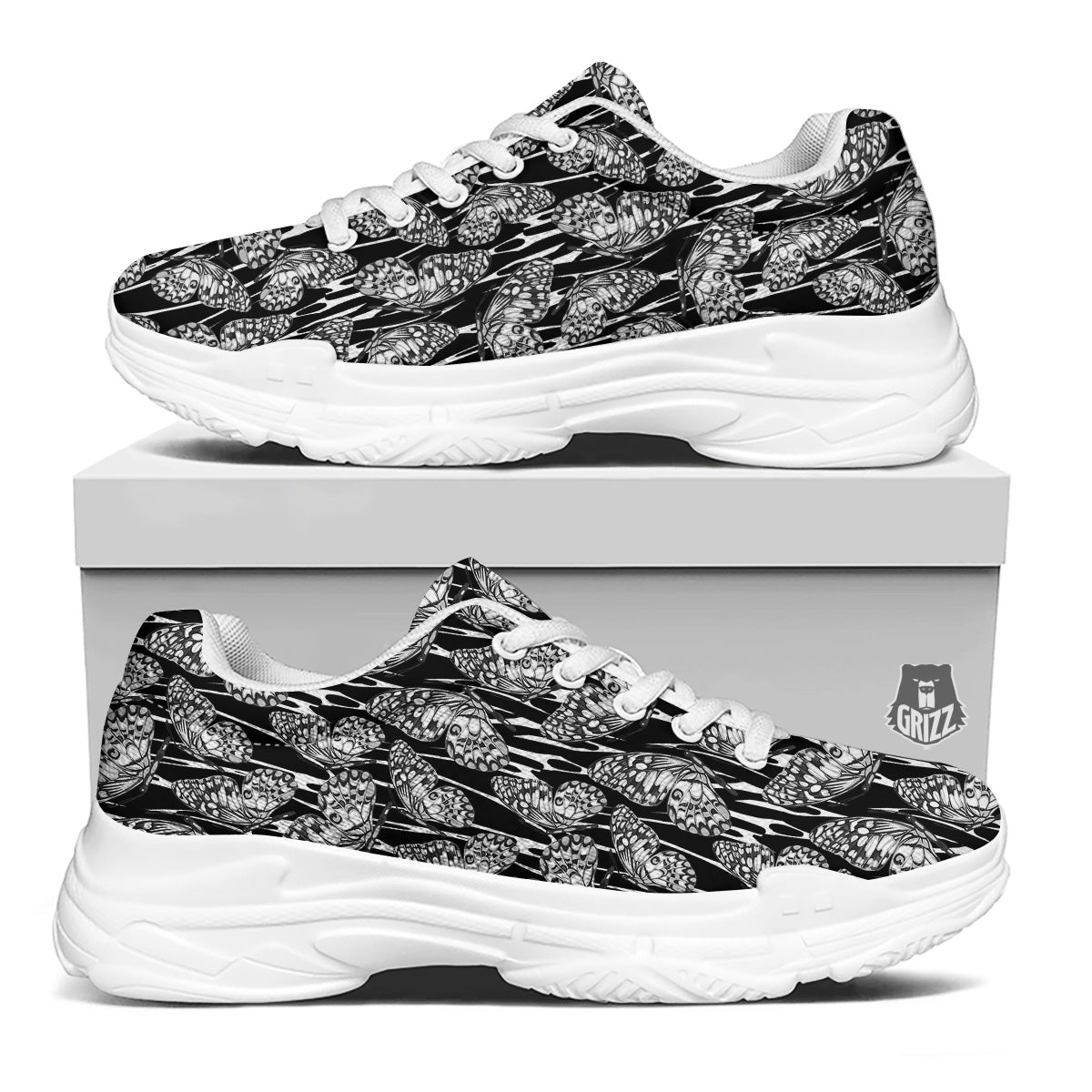 Monochrom Butterfly Print Pattern White Chunky Shoes-grizzshop
