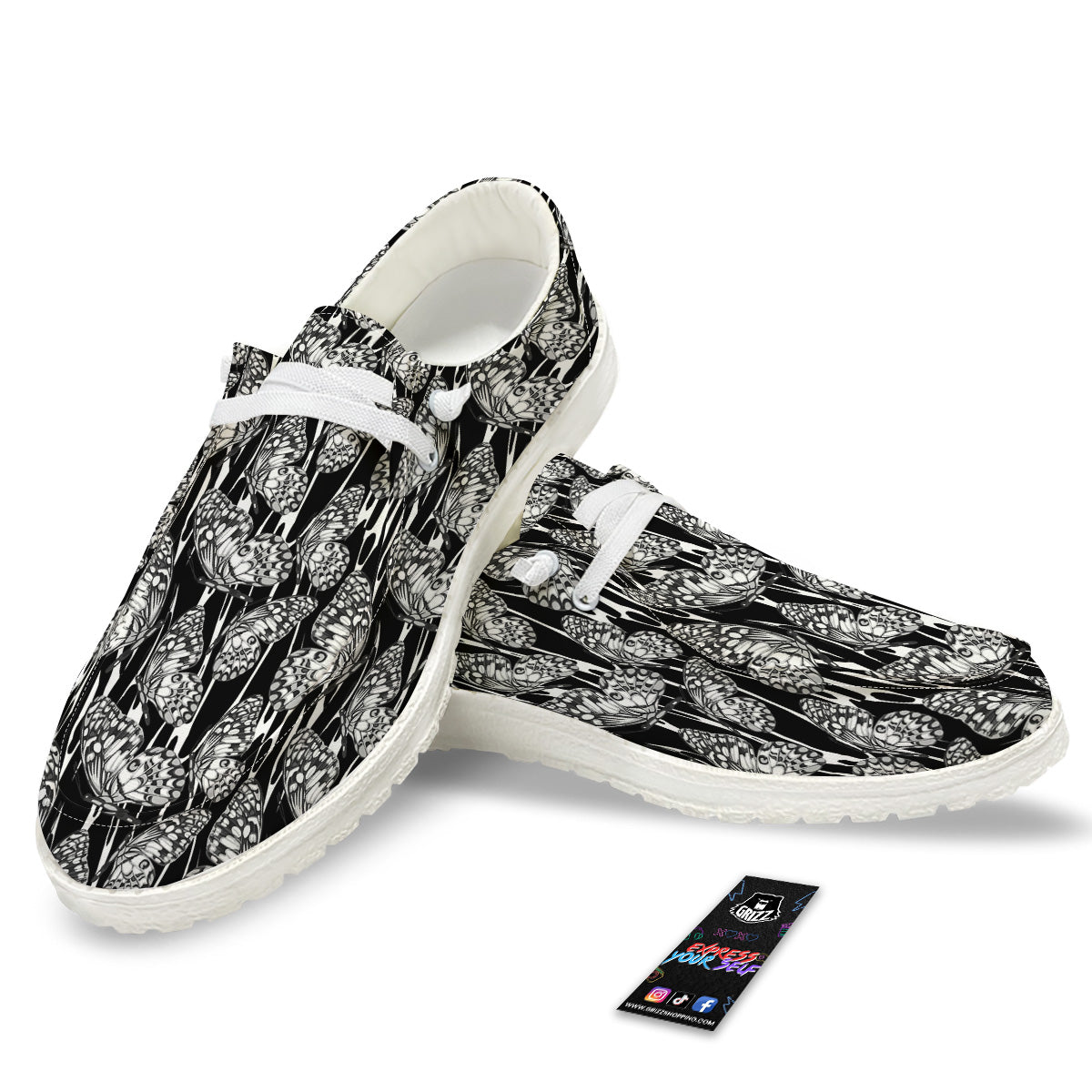 Monochrom Butterfly Print Pattern White Loafers-grizzshop
