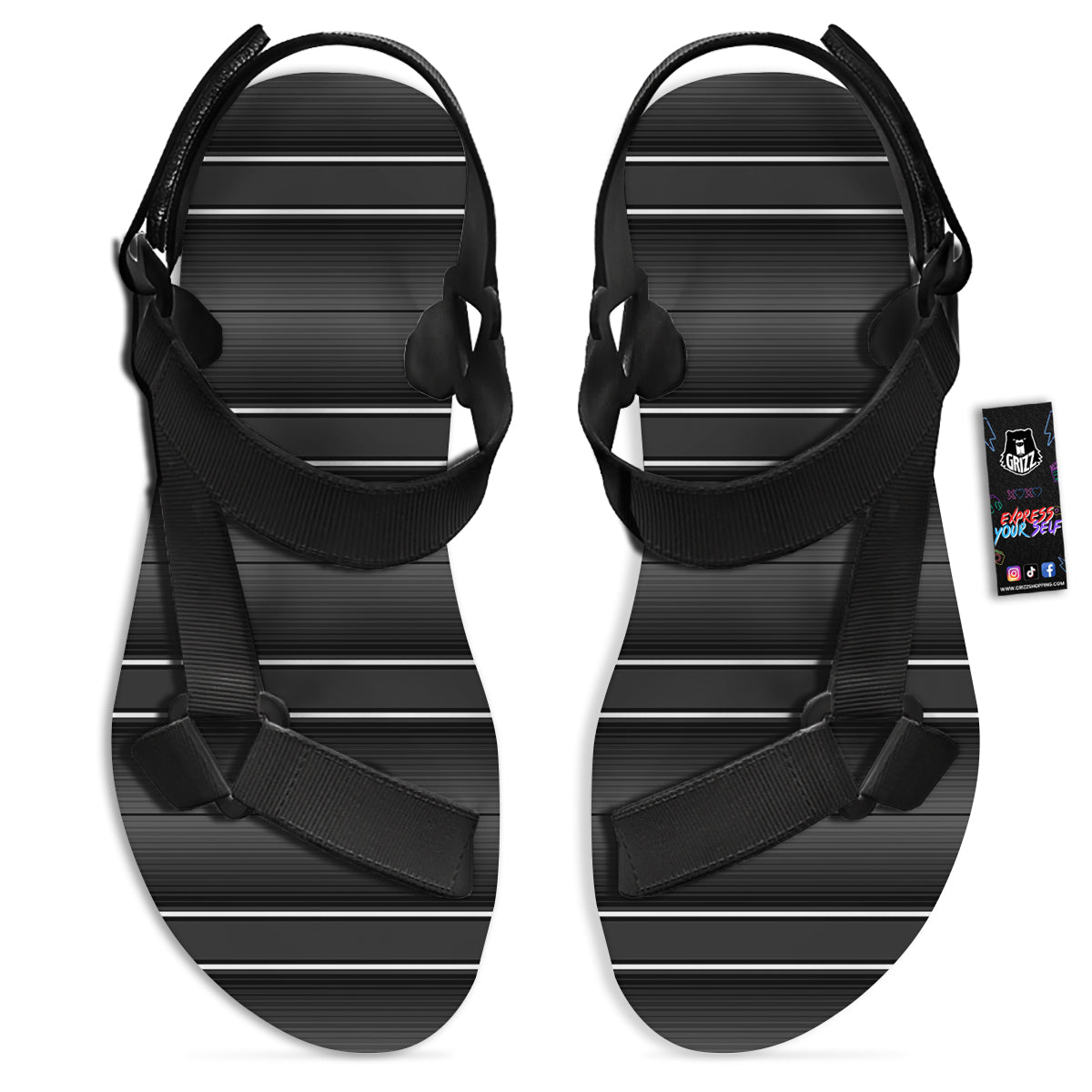 Monochrome Mexican Serape Print Black Open Toe Sandals-grizzshop