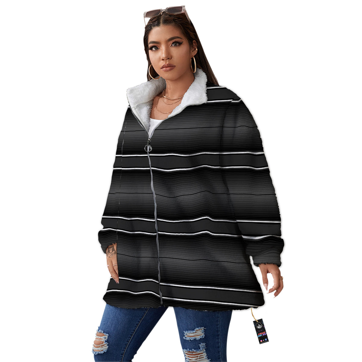 Monochrome Mexican Serape Print Women's Sherpa Jacket-grizzshop