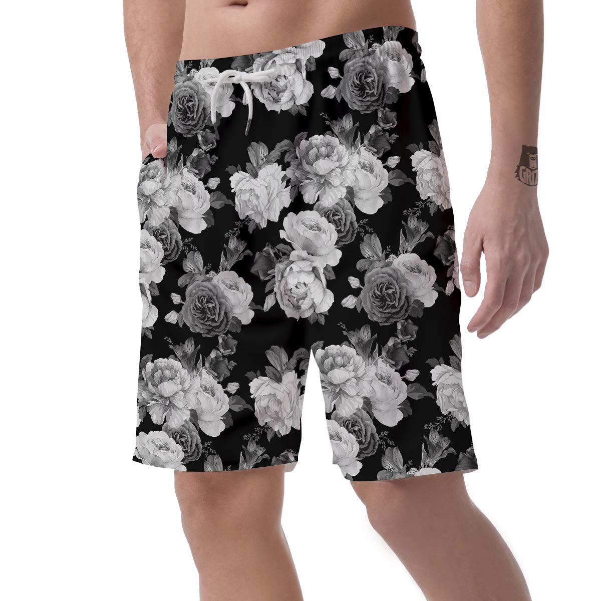 Monochrome Rose Floral Men's Shorts-grizzshop