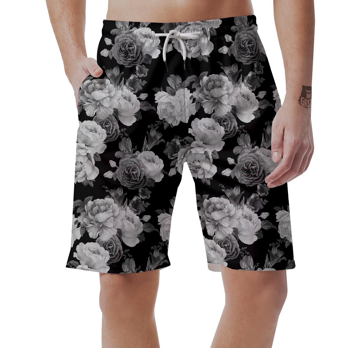 Monochrome Rose Floral Men's Shorts-grizzshop