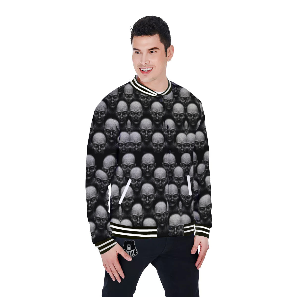 Monochrome Scary Faces Hand Drawn Print Pattern Baseball Jacket-grizzshop