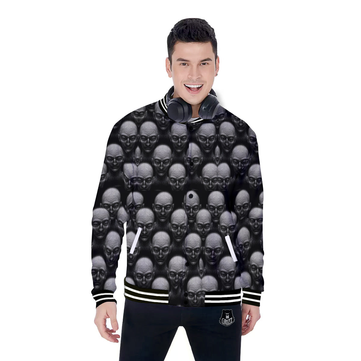 Monochrome Scary Faces Hand Drawn Print Pattern Baseball Jacket-grizzshop