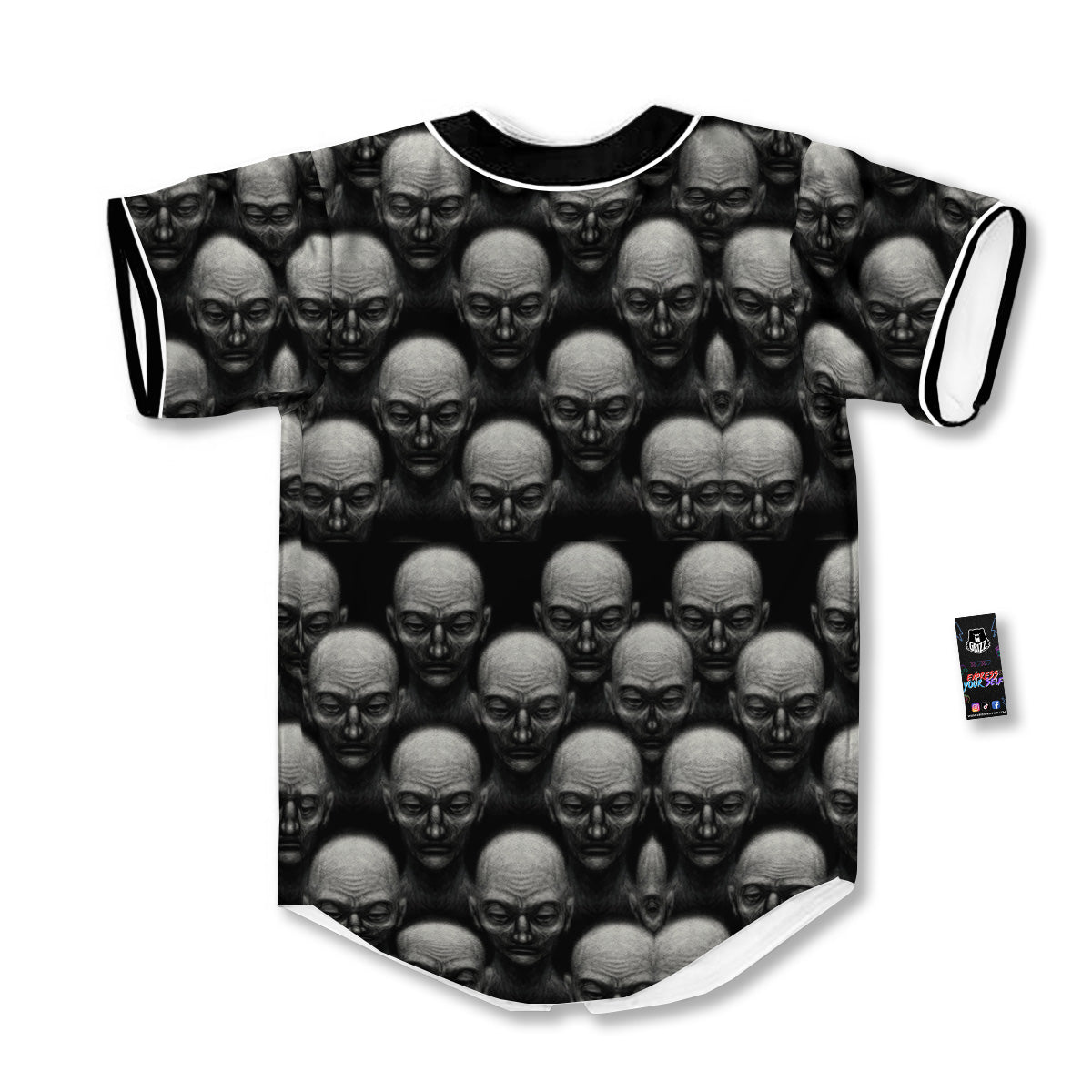 Monochrome Scary Faces Hand Drawn Print Pattern Baseball Jersey-grizzshop