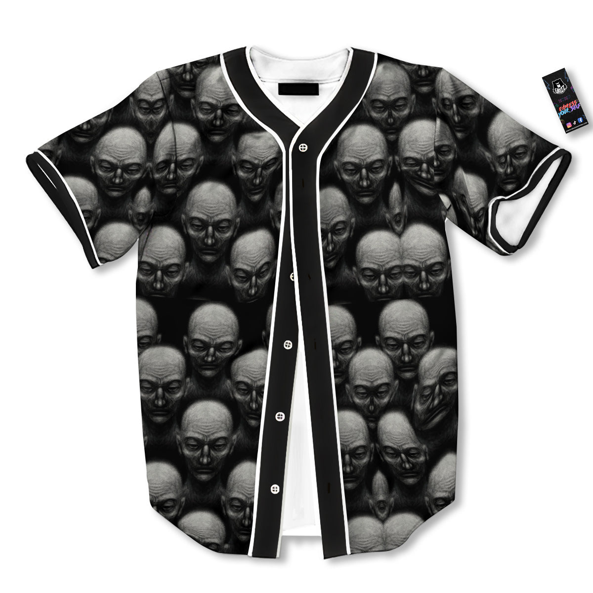 Monochrome Scary Faces Hand Drawn Print Pattern Baseball Jersey-grizzshop