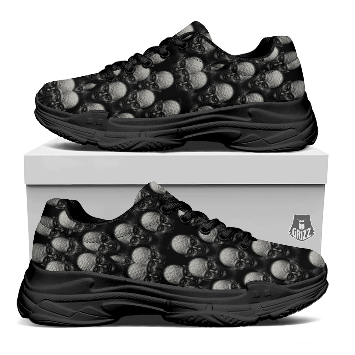 Monochrome Scary Faces Hand Drawn Print Pattern Black Chunky Shoes-grizzshop
