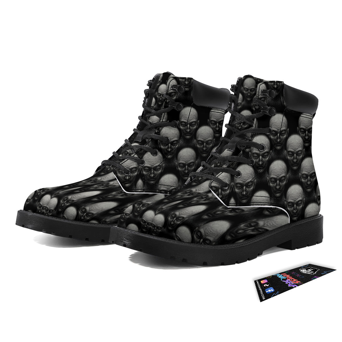 Monochrome Scary Faces Hand Drawn Print Pattern Boots-grizzshop