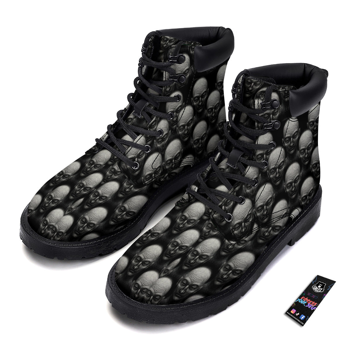 Monochrome Scary Faces Hand Drawn Print Pattern Boots-grizzshop