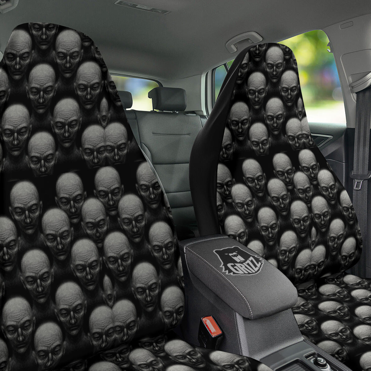 Monochrome Scary Faces Hand Drawn Print Pattern Car Seat Covers-grizzshop